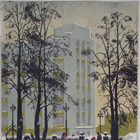 Зырянов А.П. "В сквере", бумага, цветная линогравюра, 1967.