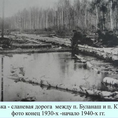 Лежневка - сланевая дорога между п. Буланаш и п. Кирова. Фото конца 1930-х -начала 1940-х гг.