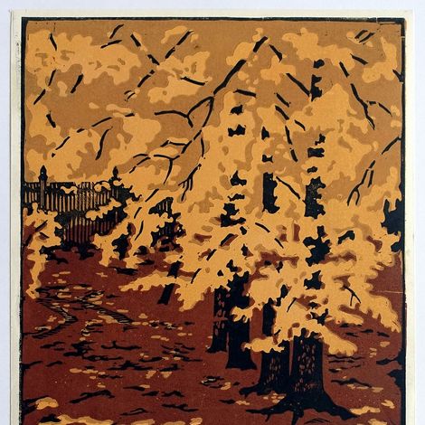 Зырянов А.П. Осень в парке. 1963 г. бумага, цветная линогравюра.